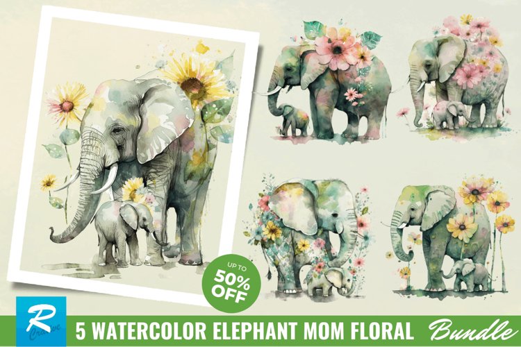 5 Watercolor Elephant Mom Floral Sublimation Clipart Bundle