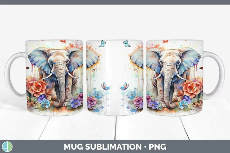 Watercolor Elephant Mug Wrap | Sublimation Coffee Cup Design