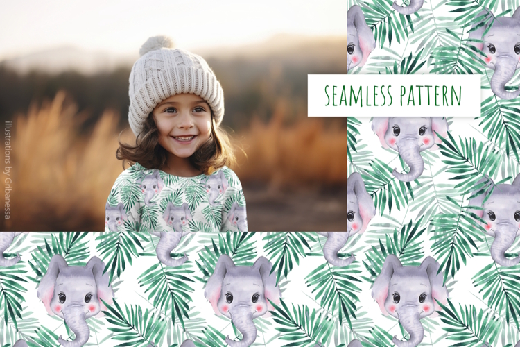 Watercolor Elephant Palm Leaves Seamless Pattern