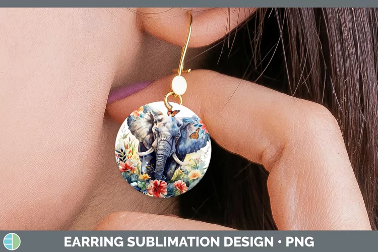 Watercolor Elephant Round Earrings Sublimation Earrings Desi