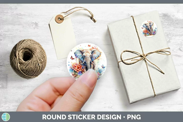 Watercolor Elephant Stickers | Round Labels Designs