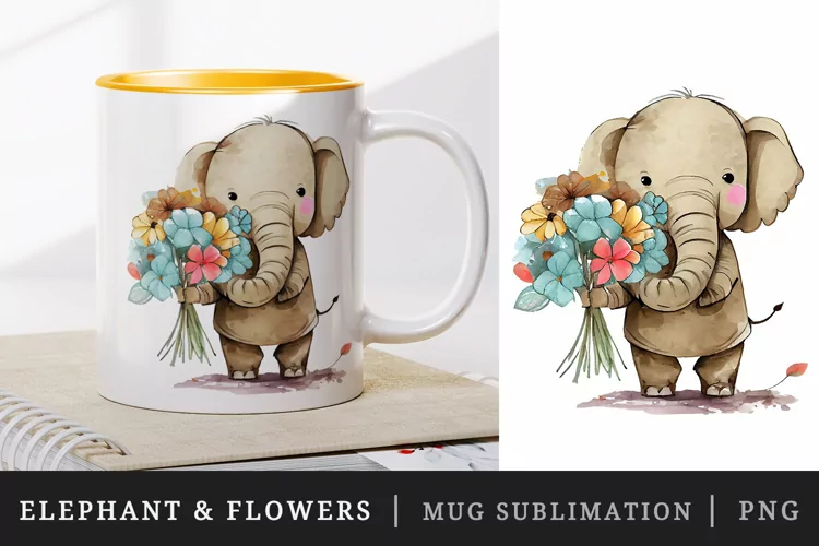 Elephant & flowers mug, coffee cup wrap sublimation design