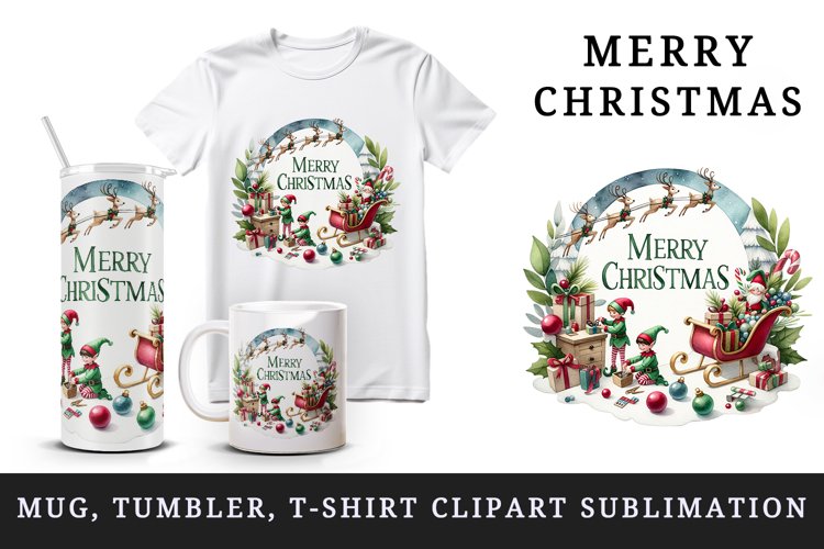 Watercolor elves preparing gifts sleigh round Merry Christmas quote print 20 oz tumbler skinny mug wrap clipart t-shirt sublimation printable design