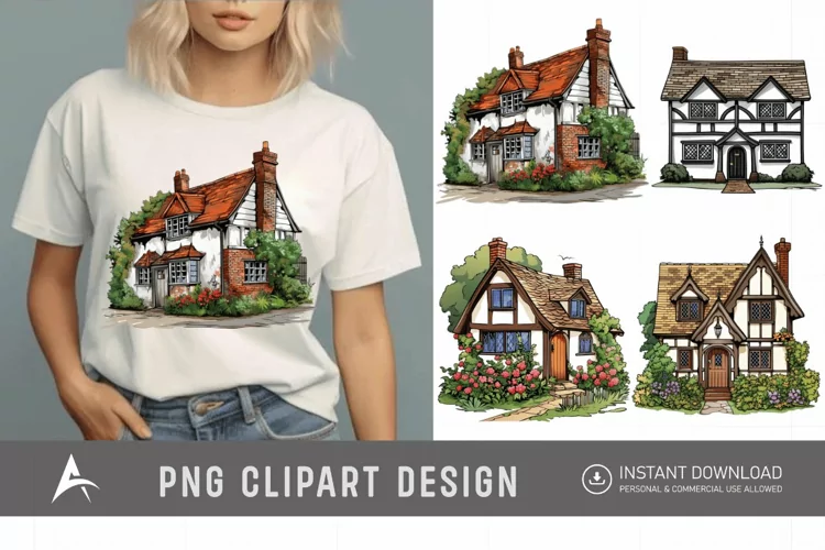 Watercolor English Village House Clipart