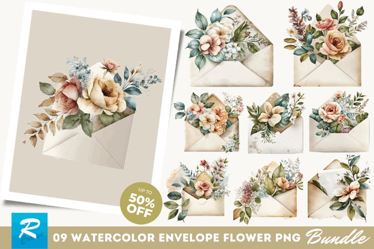 Watercolor Envelope flower Clipart Bundle example image 1