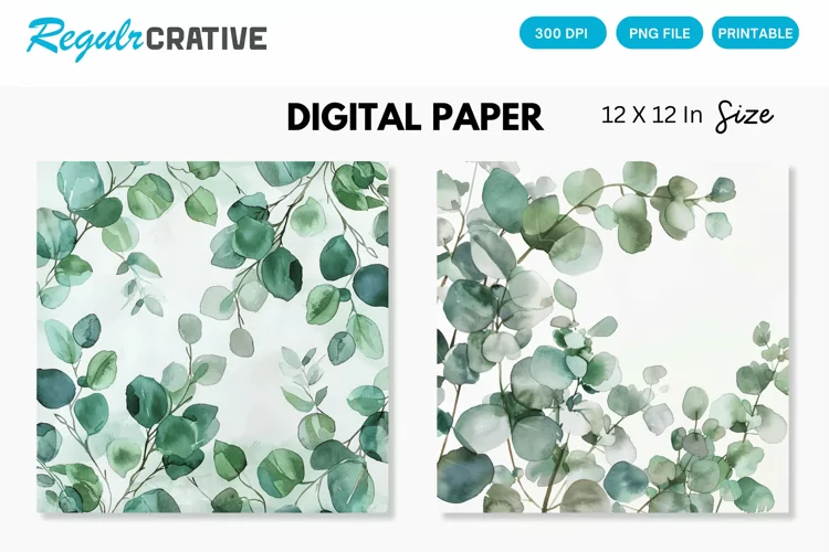 Watercolor Eucalyptus Seamless Digital Paper, Eucalyptus PNG