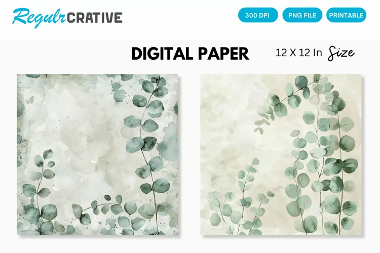 Watercolor Eucalyptus Seamless Digital Paper, Eucalyptus PNG