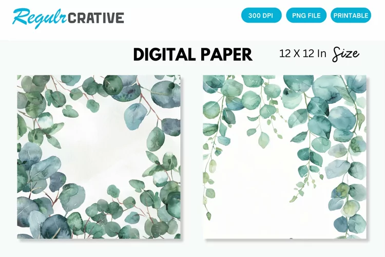 Watercolor Eucalyptus Seamless Digital Paper, Eucalyptus PNG