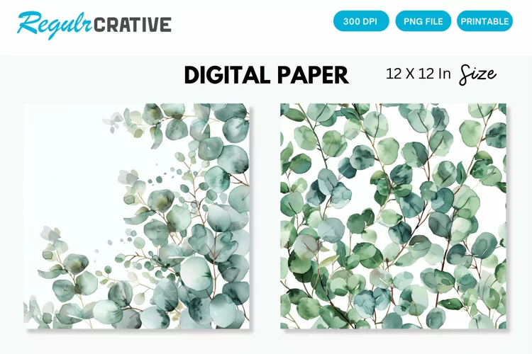 Watercolor Eucalyptus Seamless Digital Paper, Eucalyptus PNG