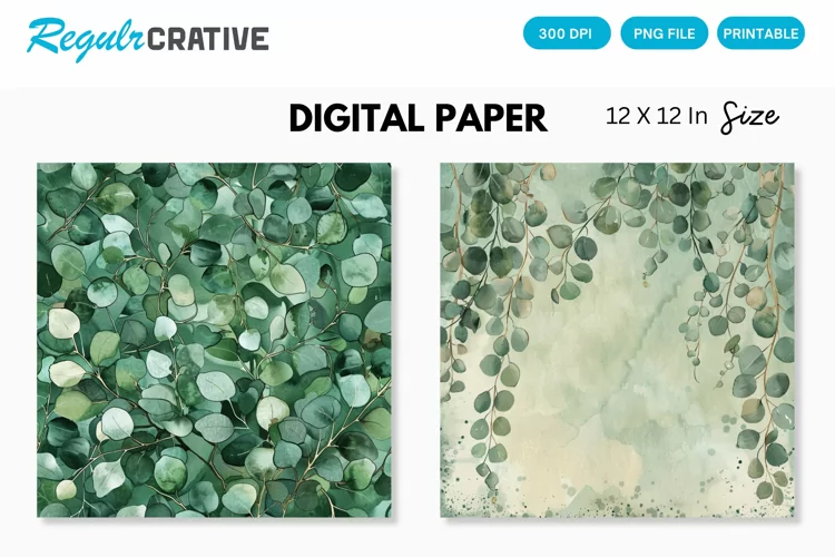 Watercolor Eucalyptus Seamless Digital Paper, Eucalyptus PNG