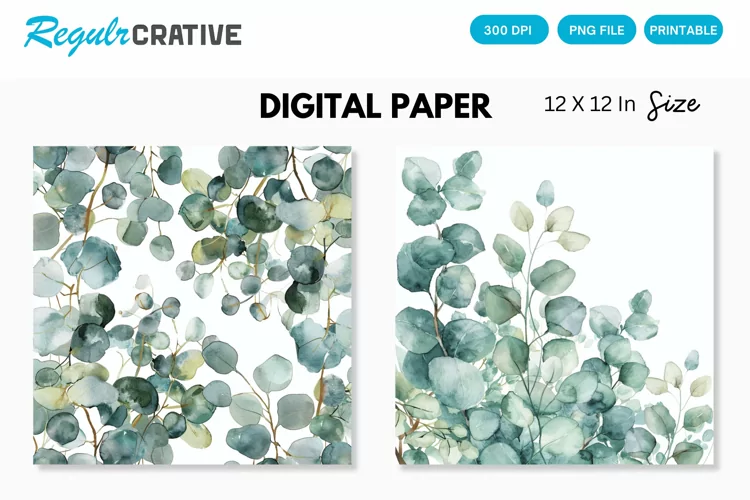 Watercolor Eucalyptus Seamless Digital Paper, Eucalyptus PNG