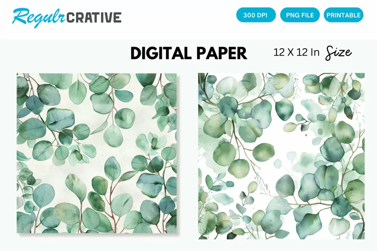Watercolor Eucalyptus Seamless Digital Paper, Eucalyptus PNG