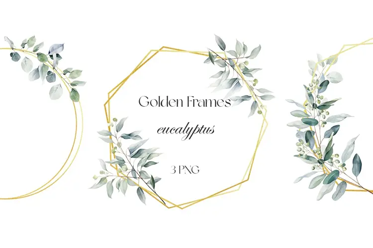 Watercolor eucalyptus wreath. Golden frame