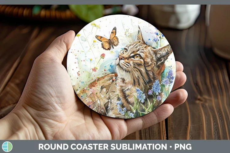 Watercolor European Wildcat Round Coaster Sublimation Coaste