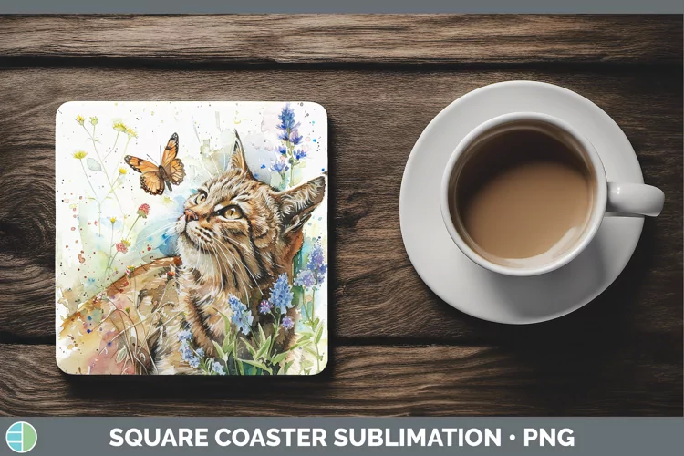 Watercolor European Wildcat Square Coaster Sublimation Coast