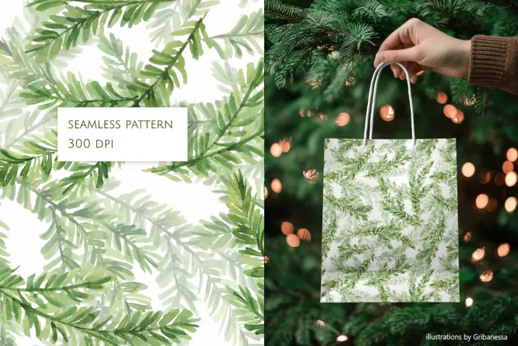Watercolor Evergreen Seamless Pattern