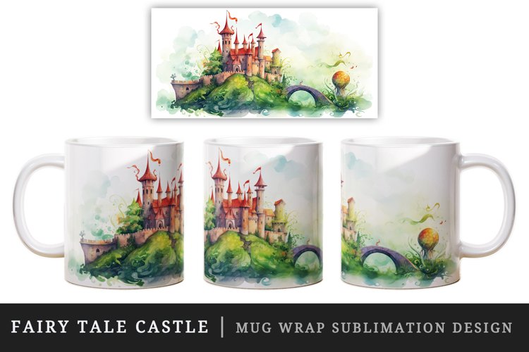 Watercolor fairy tale castle fantasy landscape design wrap sublimation for customize your mug coffee cup for children girl