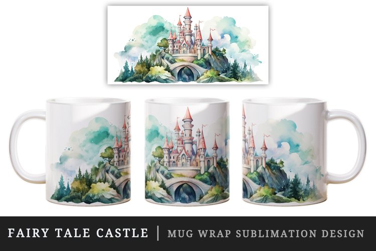 Watercolor fairy tale castle fantasy landscape design wrap sublimation for customize your mug coffee cup for children girl
