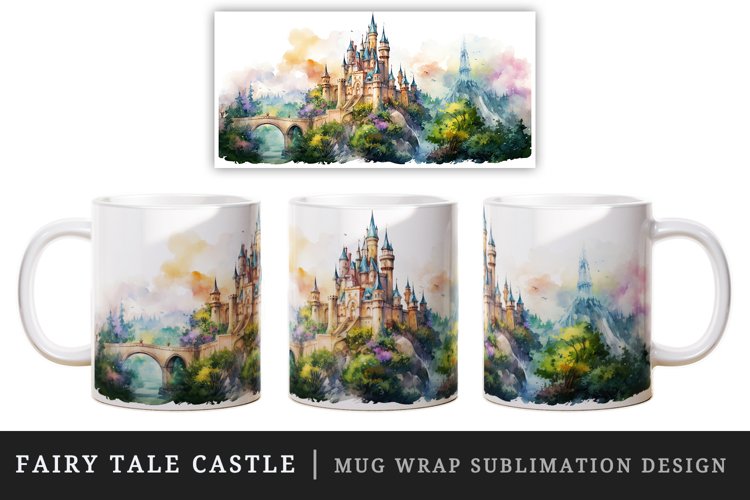 Watercolor fairy tale castle fantasy landscape design wrap sublimation for customize your mug coffee cup for children girl