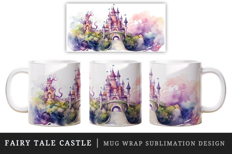 Watercolor fairy tale castle fantasy landscape design wrap sublimation for customize your mug coffee cup for children girl