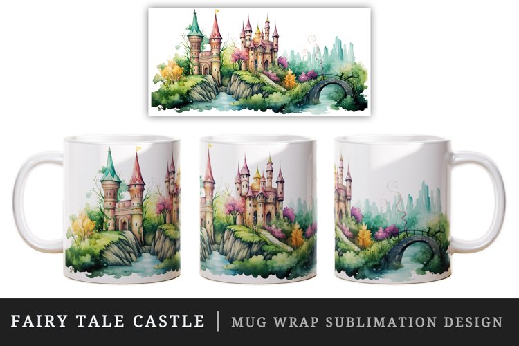 Watercolor fairy tale castle fantasy landscape design wrap sublimation for customize your mug coffee cup for children girl