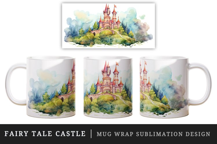 Watercolor fairy tale castle fantasy landscape design wrap sublimation for customize your mug coffee cup for children girl