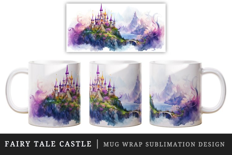 Watercolor fairy tale castle fantasy landscape design wrap sublimation for customize your mug coffee cup for children girl