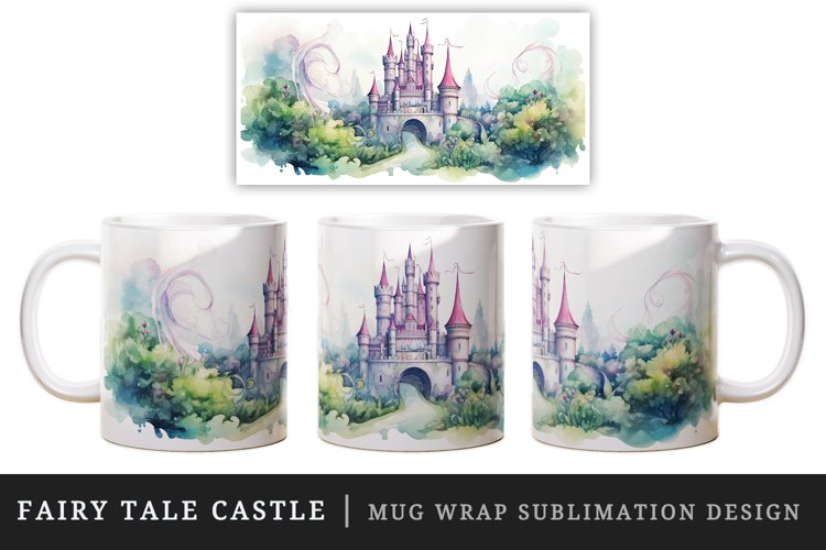 Watercolor fairy tale castle fantasy landscape design wrap sublimation for customize your mug coffee cup for children girl