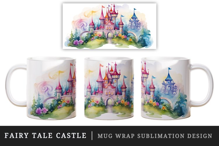 Watercolor fairy tale castle fantasy landscape design wrap sublimation for customize your mug coffee cup for children girl