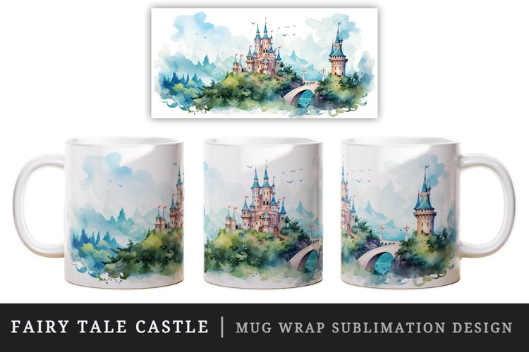 Watercolor fairy tale castle fantasy landscape design wrap sublimation for customize your mug coffee cup for children girl