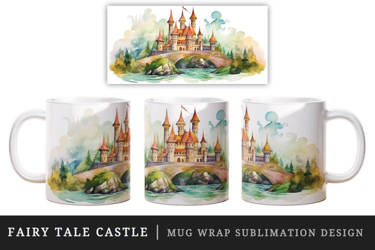 Watercolor fairy tale castle fantasy landscape design wrap sublimation for customize your mug coffee cup for children girl