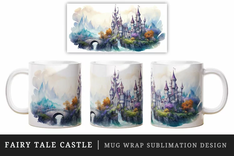 Fairy tale castle mug, cup wrap sublimation design png