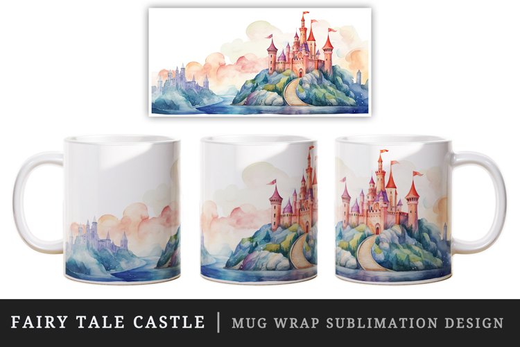 Watercolor fairy tale castle fantasy landscape design wrap sublimation for customize your mug coffee cup for children girl