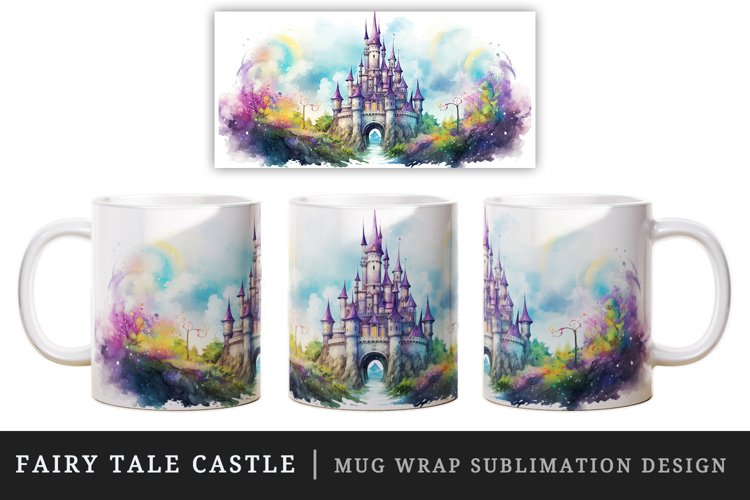 Watercolor fairy tale castle fantasy landscape design wrap sublimation for customize your mug coffee cup for children girl