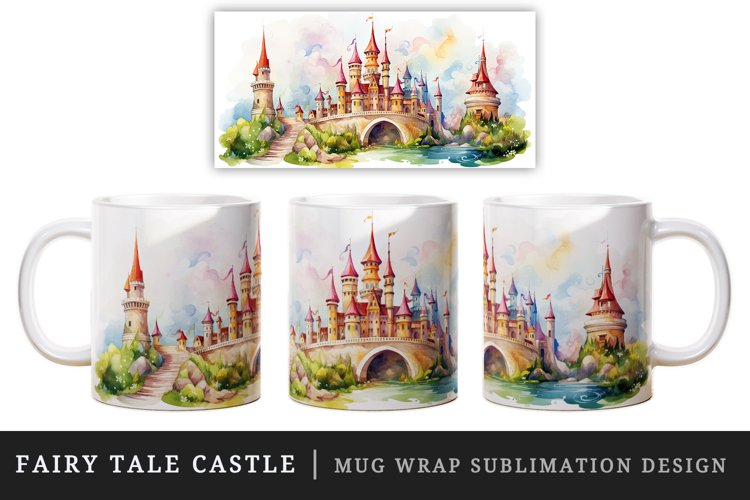 Watercolor fairy tale castle fantasy landscape design wrap sublimation for customize your mug coffee cup for children girl
