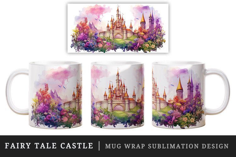Watercolor fairy tale castle fantasy landscape design wrap sublimation for customize your mug coffee cup for children girl