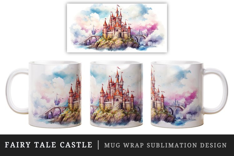 Watercolor fairy tale castle fantasy landscape design wrap sublimation for customize your mug coffee cup for children girl