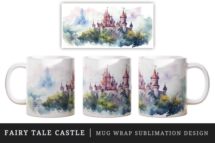 Watercolor fairy tale castle fantasy landscape design wrap sublimation for customize your mug coffee cup for children girl