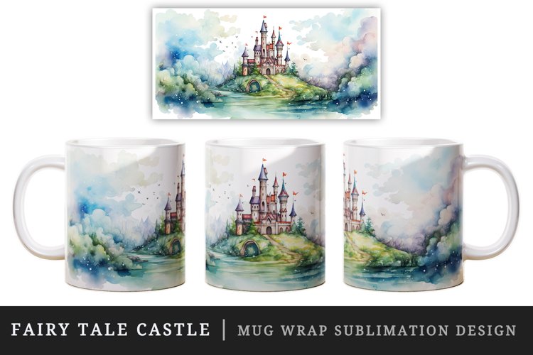 Watercolor fairy tale castle fantasy landscape design wrap sublimation for customize your mug coffee cup for children girl