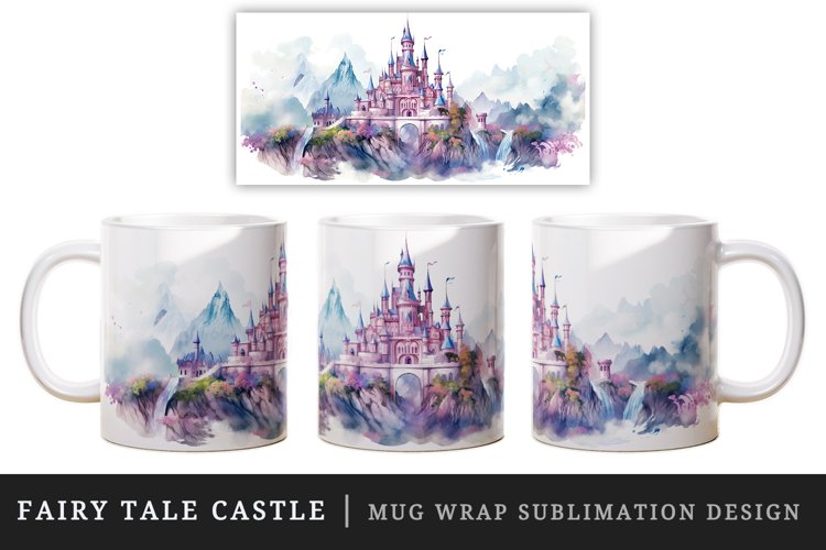 Watercolor fairy tale castle fantasy landscape design wrap sublimation for customize your mug coffee cup for children girl