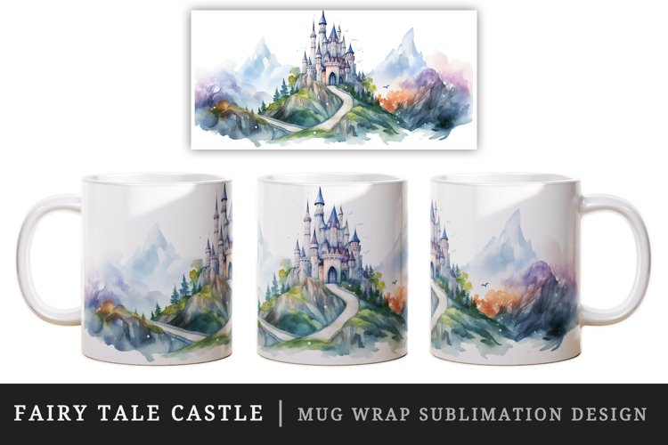Watercolor fairy tale castle fantasy landscape design wrap sublimation for customize your mug coffee cup for children girl