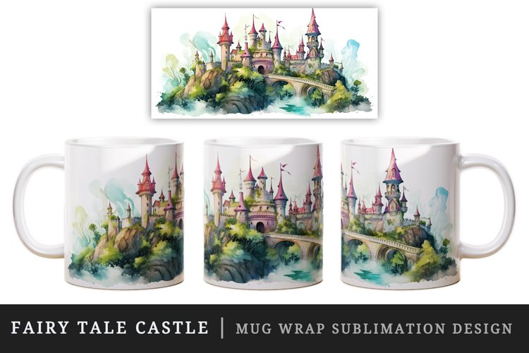 Watercolor fairy tale castle fantasy landscape design wrap sublimation for customize your mug coffee cup for children girl