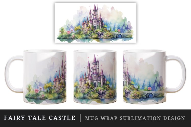 Watercolor fairy tale castle fantasy landscape design wrap sublimation for customize your mug coffee cup for children girl