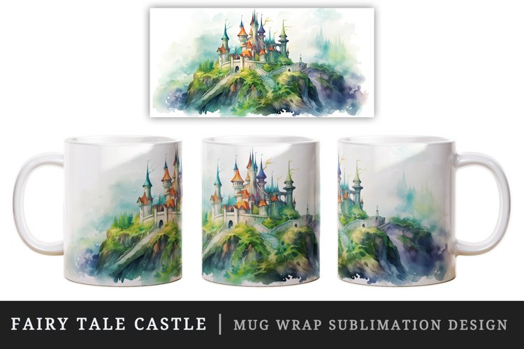 Watercolor fairy tale castle fantasy landscape design wrap sublimation for customize your mug coffee cup for children girl