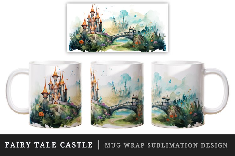 Watercolor fairy tale castle fantasy landscape design wrap sublimation for customize your mug coffee cup for children girl