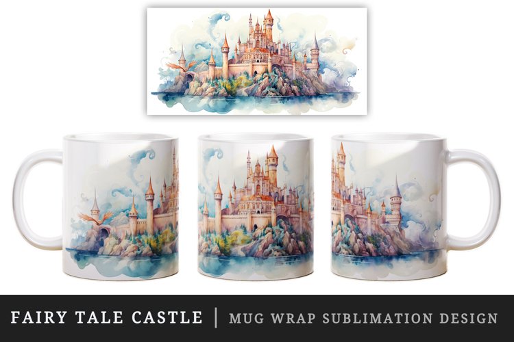 Watercolor fairy tale castle fantasy landscape design wrap sublimation for customize your mug coffee cup for children girl