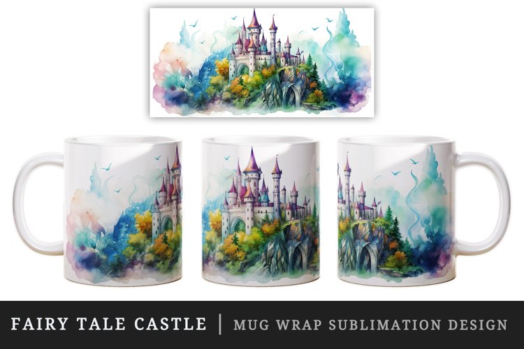 Watercolor fairy tale castle fantasy landscape design wrap sublimation for customize your mug coffee cup for children girl