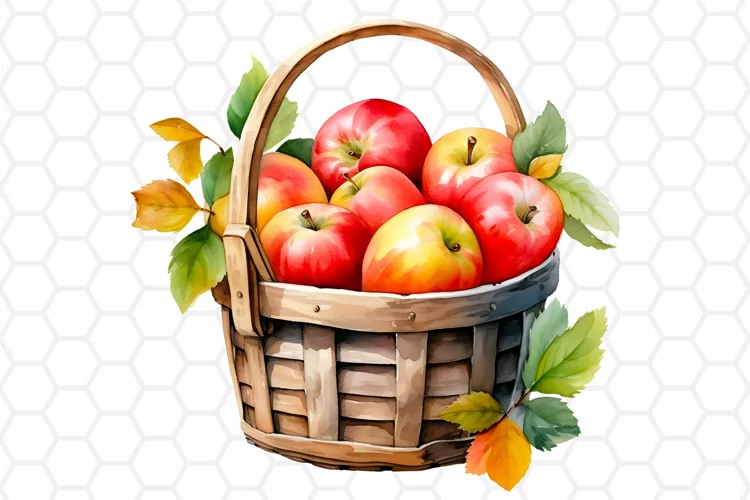 Watercolor Fall Apple Basket Clipart, Autumn Sublimation PNG