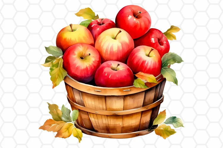 Watercolor Fall Apple Basket Clipart, Autumn Sublimation PNG