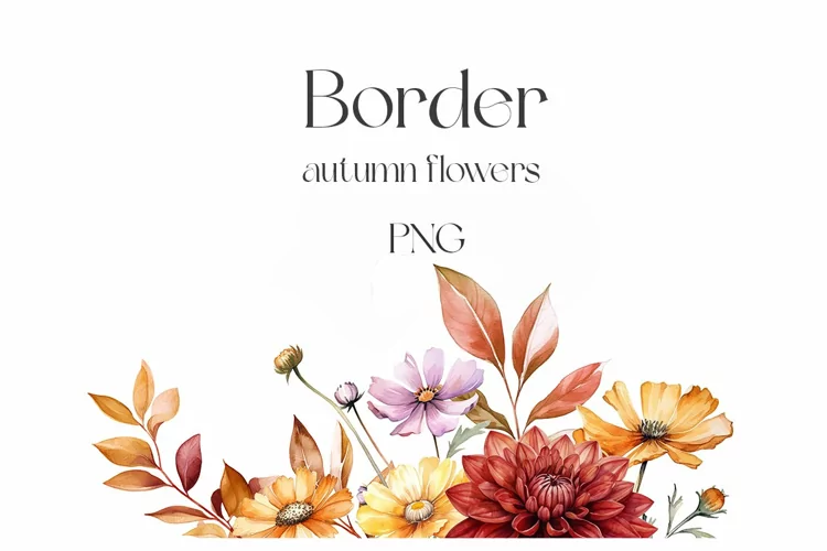 Watercolor autumn wildflowers border. Fall flowers